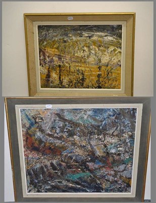 Lot 1196 - R* Mosley (20th century) Two abstracts Both signed, oils on board, 50cm by 60cm and 39.5cm by...