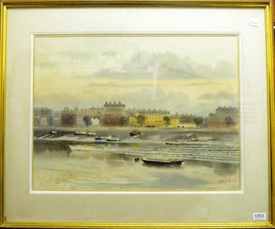 Lot 1053 - Roland Vivian Pitchforth RA, RWS (1895-1982) Boats on the Thames Signed, watercolour, 44cm by 59cm