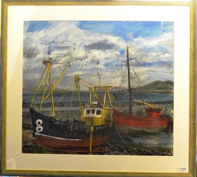 Lot 1058 - Selina Thorp (b.1968) Fishing boats in a harbour Signed, mixed media, 60cm by 68cm