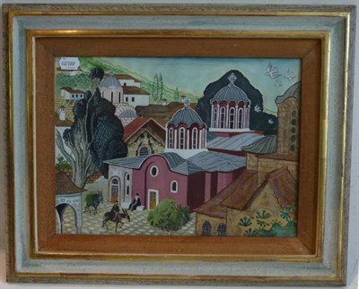 Lot 1095 - Sir Osbert Lancaster (1908-1986) 'The Grand Lavra, Mount Athos'  Gouache, 28cm by 38cm  Provenance