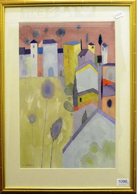 Lot 1096 - Giuliana Lazzerini (Contemporary) Italian 'Tuscan Square and Three Blue Trees' Signed, watercolour