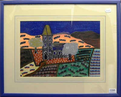 Lot 1098 - Rachmiel Kranz (20th/21st century) 'Farm with Church' Mixed media, 28.5cm by 41cm  Exhibited:...