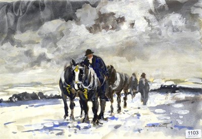 Lot 1103 - William Norman Gaunt FIAL, NDD (1918-2001) Leading horses through the snow Signed, watercolour...