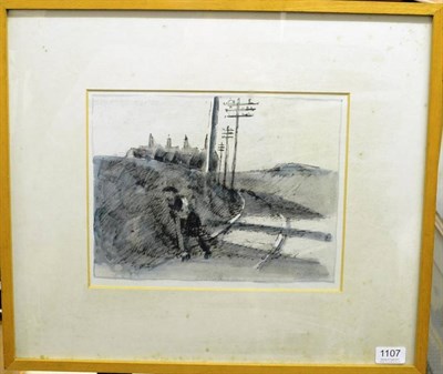 Lot 1107 - Harold Riley (b.1934) Figure walking along a railway line Signed, monograph with hand embellishment