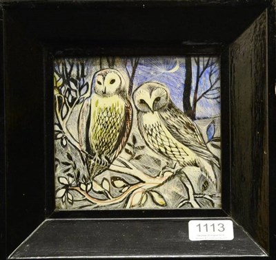 Lot 1113 - Janet Rawlings (b.1931) Two barn owls seated in a tree Signed, mixed media, 13.5 by 14.5cm