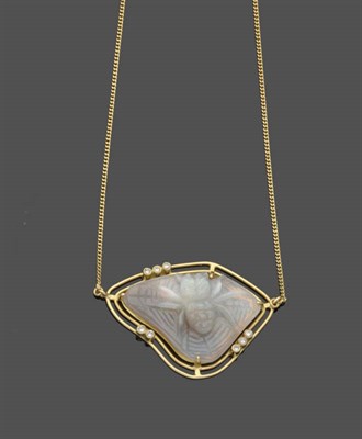 Lot 522 - An 18 Carat Gold Carved Opal and Diamond Spider Pendant on Chain, the opal carved as a spider...