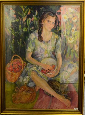 Lot 1121 - Josephine Graham SSWA (20th/21st century) Portrait of the artist's daughter holding a bowl of...