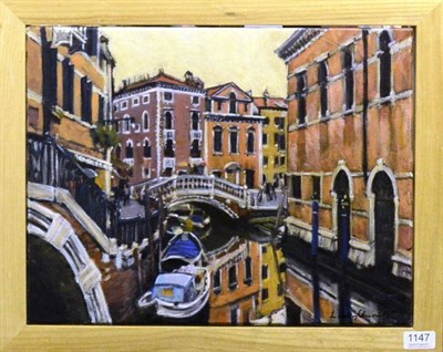 Lot 1147 - Libby Edmonds (Contemporary) Venetian canal scene Signed, oil on canvas, 35.5cm by 46cm