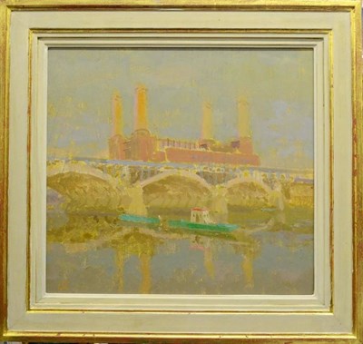 Lot 1152 - David Lloyd-Jones (Contemporary) 'Green Barge' - Battersea Power Station Initialled, oil on...