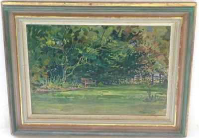 Lot 1157 - Susan Ryder NEAC RP Hon. SWA (b.1944) The garden bench Signed, oil on canvas, 34.5cm by 49.5cm