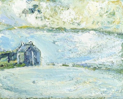 Lot 1158 - Kitty North (b.1963) Farmhouse in blue light Oil on board, 41cm by 51.5cm