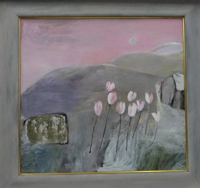 Lot 1160 - Jacquie Denby (b.1939) Landscape with pink tulips Signed JD, acrylic on board, 73cm by 78cm...