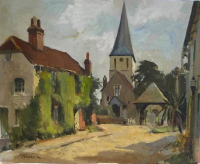 Lot 1178 - Edward Wesson RI, RBA, RSMA (1910-1983) Church in a village setting Signed, oil on paper with a...