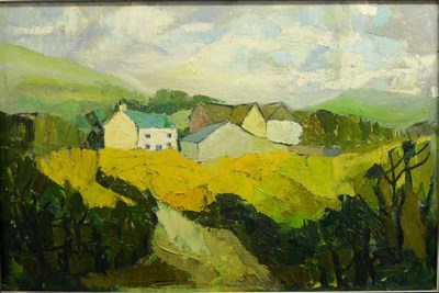 Lot 1183 - Follower of Kyffin Williams (1918-2006) Landscape with a farm Oil on board, 60cm by 90cm