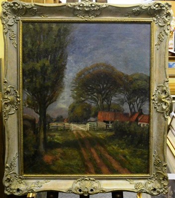 Lot 1184 - Attributed to James Arundel (1875-1960) Landscape with farm buildings Indistinctly monogrammed, oil