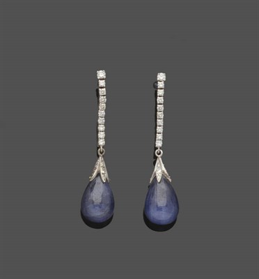 Lot 529 - A Pair of 18 Carat White Gold Sapphire and Diamond Drop Earrings, a string of ten round...