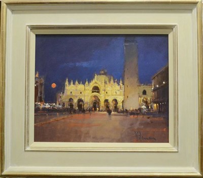 Lot 1195 - Peter Wileman AROI (b.1946)  'Red Moon, St Marks Venice' Signed, oil on board, 32cm by 39.5cm