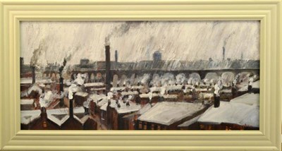 Lot 1201 - Atherton (Contemporary) 'Mill Town' Signed, inscribed verso, oil on board, 33.5cm by 73.5cm