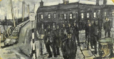 Lot 1204 - Circle of John Thompson (1924-2011) Workmen waiting at a bus stop Oil on board, 32cm by 61cm