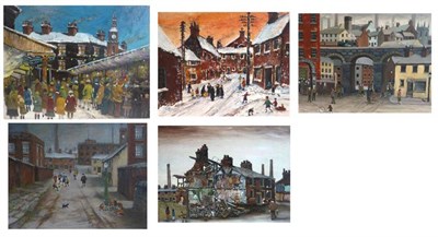 Lot 1206 - John Schofield (20th/21st century) Children playing in a snowy Oldham street with a brass band...