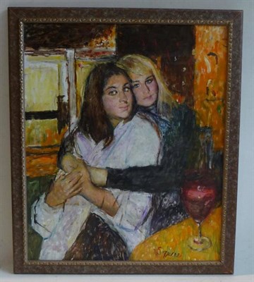 Lot 1210 - Geoffrey Squire (1923-2012) Two girls in a bar Signed, oil on board, 60cm by 50cm