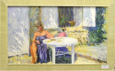 Lot 1211 - Geoffrey Squire (1923-2012) A lady in a purple dress seated at a table Signed, oil on board,...