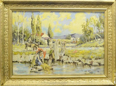 Lot 1213 - Attributed to Oumbertos Argyros (1884-1963) Greek  'A Gypsy Wash Day' Signed, oil on canvas,...