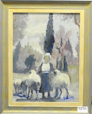 Lot 1216 - Roland Ossory Dunlop (1894-1973) Farm girl with sheep Signed, oil on board, 32.5cm by 24cm