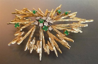 Lot 532 - An 18 Carat Gold Emerald and Diamond Spray Brooch, a central cluster of eight-cut diamonds and...