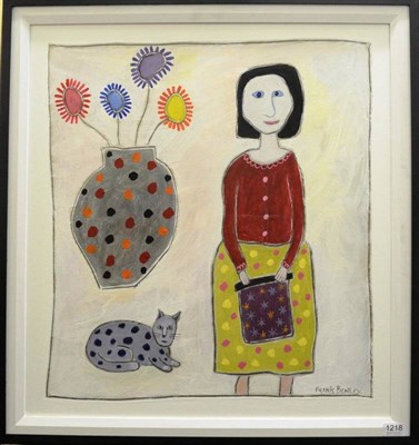 Lot 1218 - Frank Bentley (1941-2006) Woman wearing a red top and polka dot skirt, with a spotty cat and a vase