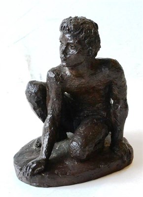 Lot 1220 - Karen Jonzen RBA (1914-1998)  Young boy crouching Resin, with a dark bronze brown finish, 18cm high