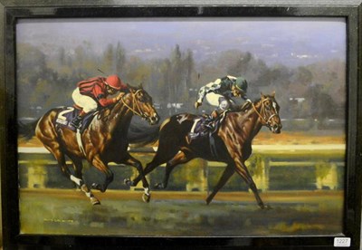 Lot 1227 - Graham Isom (b.1945) 'Mania and Theatrical, 1986, Breeders Cup' Signed, oil on canvas, 50cm by 75cm