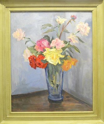 Lot 1254 - Glasgow School (20th century) Still life of roses in a blue vase Oil on canvas, 54cm by 44cm