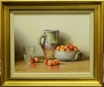 Lot 1257 - Robert Challioux (1913-2006) A still life of cherries and a glazed jug Signed, oil on board,...