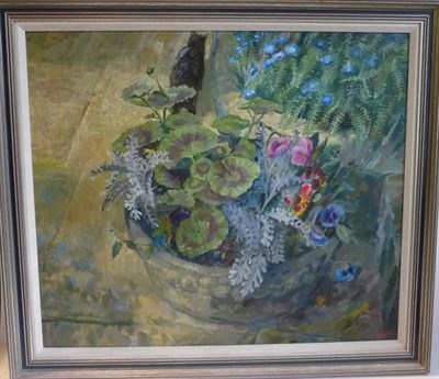 Lot 1258 - Dutton (20th/21st century) Still life of a tub of flowers and a black cat Signed, oil on board,...