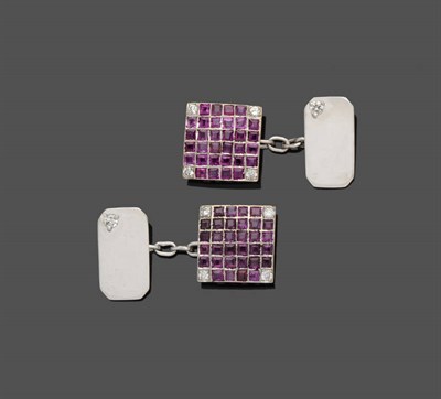 Lot 541 - A Pair of 18 Carat White Gold Ruby and Diamond Cufflinks, step cut rubies arranged in a grid...