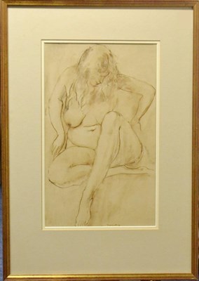 Lot 2090 - Bernard Meninsky (1891-1950) Nude Signed, brown ink and wash, 39.5cm by 24cm  Provenance:...