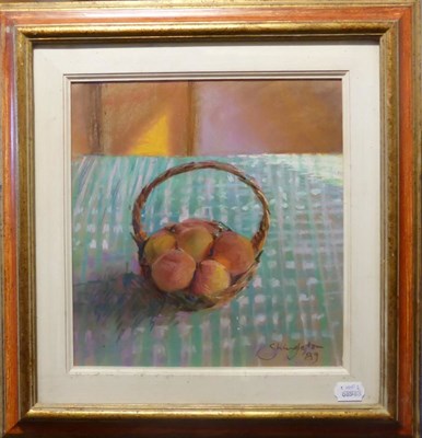 Lot 2099 - Anne Shingleton (Contemporary) Still life of peaches in a basket Signed and dated (19)89,...