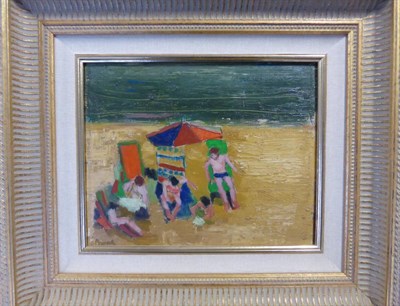 Lot 2124 - Harry Buyck (b.1928) Belgian Figures sunbathing on a beach Signed, oil on board, 22cm by 28.5cm