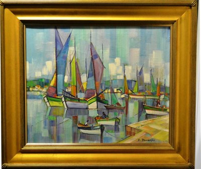 Lot 2127 - F. Delcamps (20th century) Fishing boats and sail boats in a French harbour Signed, oil on...