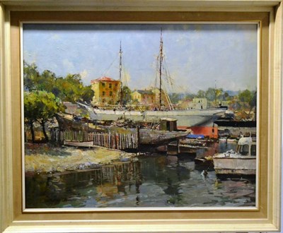 Lot 2131 - ** Friklaberg (20th/21st century) Continental harbour scene Signed, oil on canvas, 59cm by 75cm