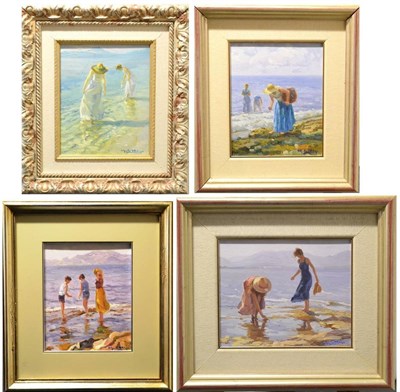 Lot 2133 - Vicente Aguilar Villalonga (b.1937) Spanish 'Figures en la Playa' Signed, inscribed verso, oil...