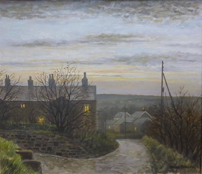 Lot 2141 - Brian Barlow (b.1934) 'Hawkshaw Lane, Hawkshaw' near Bolton Signed, oil on board, 51cm by 60cm