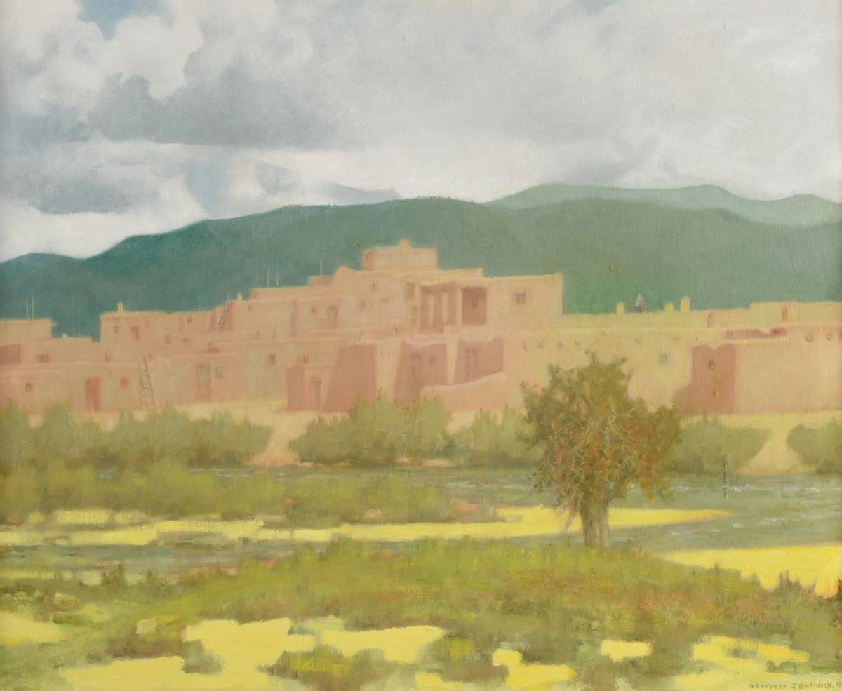 Lot 2150 - Geoffrey Jenkinson RCamA (1925-2005)  'August Summer Sky and River Taos Pueblo' Signed and...