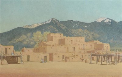 Lot 2151 - Geoffrey Jenkinson RCamA (1925-2005)  'Taos Adobe Pueblo' Signed and dated 2000, oil on board, 44cm