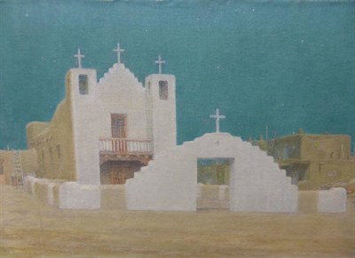 Lot 2152 - Geoffrey Jenkinson RCamA (1925-2005)  'Taos Pueblo Church, Moonlight' Signed, oil on board,...