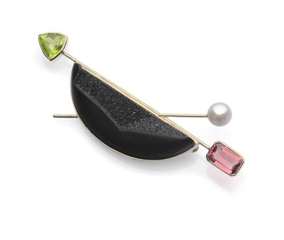 Lot 553 - An 18 Carat White Gold Drusy Agate, Peridot, Pink Tourmaline and Cultured Pearl Brooch, the...