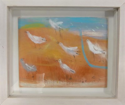 Lot 2165 - Elaine Pamphilon (Contemporary) Birds in an orange meadow Signed, mixed media on board, 20cm by...