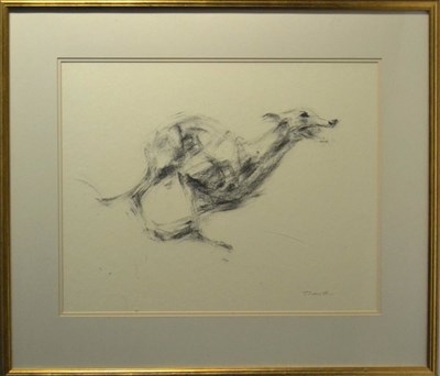 Lot 2173 - Jonathan Trowell (1938-2013) 'Racing Greyhound' Signed, inscribed verso, charcoal, 47cm by 60.5cm