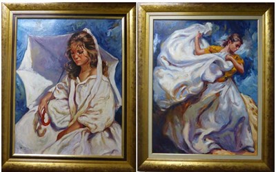 Lot 2192 - Jose L Giner (Contemporary) Spanish 'Midday Shade' 'The White Shawl' Each signed, oil on...